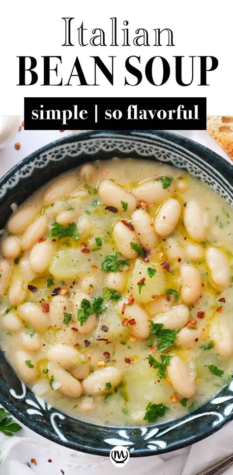 This no-frills Italian white bean soup is so simple yet boldly flavored, robust, and so darn good! It's thick, garlicky, spicy, and nourishing. Serve with crusty bread for an easy, healthy, and satisfying meal.  #quickandeasydinnerrecipes #quickhealthydinner #cheapmeals #healthydinnerrecipes #beansoup White Bean Soup With Canned Beans, Chicken And Cannellini Beans Soup, Bean Recipes To Lower Cholesterol, Bean And Noodle Soup, Marinated White Beans Recipe, Italian Rosa Marina Soup, Mediterranean White Bean Soup Recipes, Acid Reflux Soup Recipes, Healthy Bean Soups