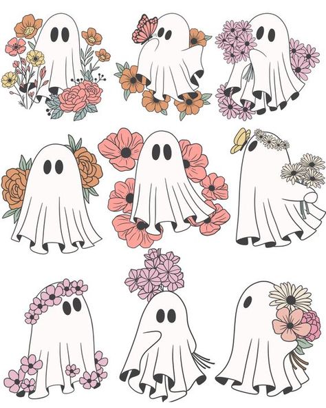 Ghost And Flower Tattoo, Ghost With Flowers Tattoo, Cute Ghost Sketch, Cricut Sweatshirt, Cute Ghost Tattoo, Sheet Ghosts, Spring Tattoo, Ghost Flowers, Ghost Tattoos