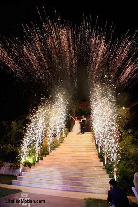 #Wedding #entrance #fireworks Night Wedding Photos, Wedding Fireworks, Wedding Entrance, Wedding Stage Decorations, Future Wedding Plans, Wedding News, Salou, Nails Elephant, Elephant Wedding