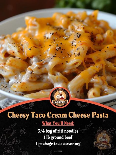 Tasty Recipes Cheesy Taco Cream Cheese Pasta, Cheese Taco Pasta, Ziti Noodles, Cheesy Taco Pasta, Velveeta Queso, Taco Pasta Recipes, Cheese Taco, Cream Cheese Pasta, Cheese Pasta Recipes