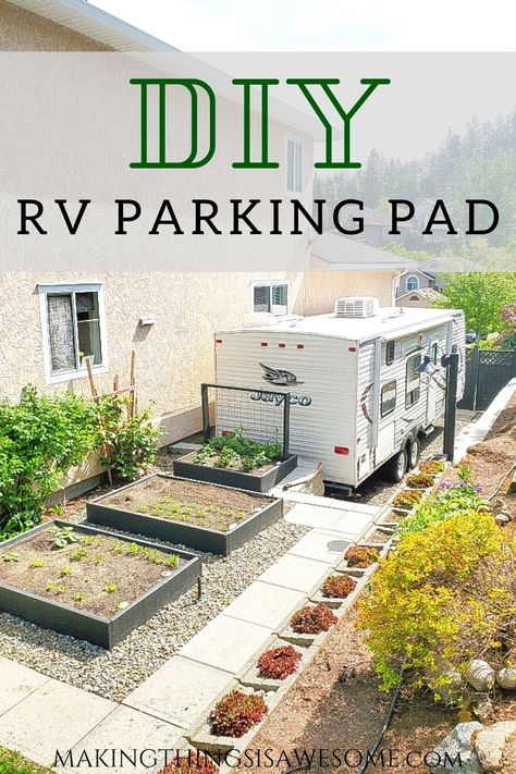 Finding a way to have RV parking at your own home is alot of work, but so worth it in the end. To be able to pack and clean out your trailer at home is so convienent. Use this step by step tutorial to build your own RV parking pad. You wont regret it! #rvparking #rvparkingpad #diyparkingpad #diyrvstorage #diyrv #rvstorage #parkingpad #trailerstorage #rvlife Backyard Rv Parking Ideas, Camper Parking Pad Ideas At Home, Parking Ideas, Gravel Parking, Gravel Landscaping, Cinder Block Walls, Patio Slabs, Diy Rv, Concrete Steps