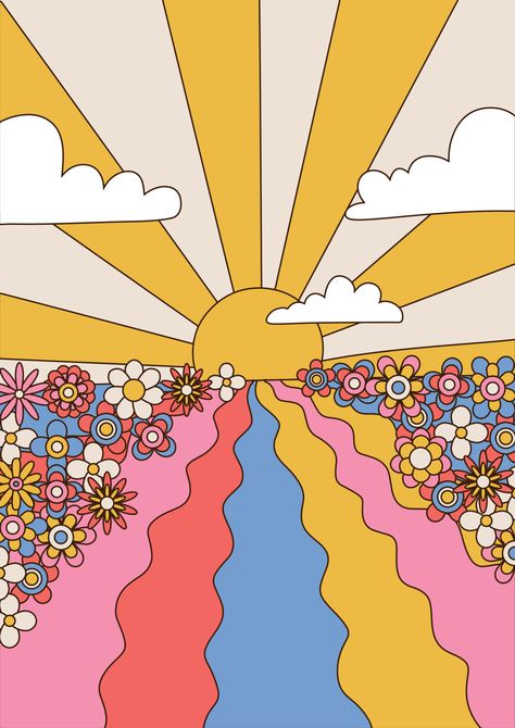 Hippie Background, Hippie Drawing, Pintura Hippie, Hippie Sun, 60s Aesthetic, 1960s Hippie, 60s Art, Hippie Designs, Hippie Painting