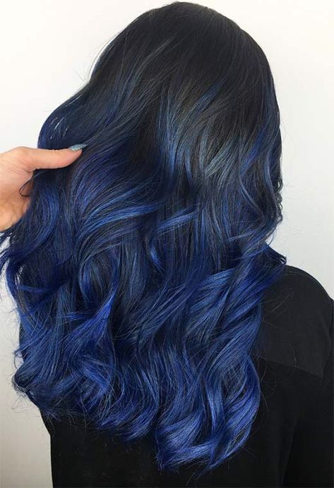 Blue Hair Dye, Unusual Hair Colors, Blue Hair Highlights, Blue Hair Color, Dyed Tips, Hair Dye Tips, Dyed Hair Blue, Blue Ombre Hair, Dark Blue Hair