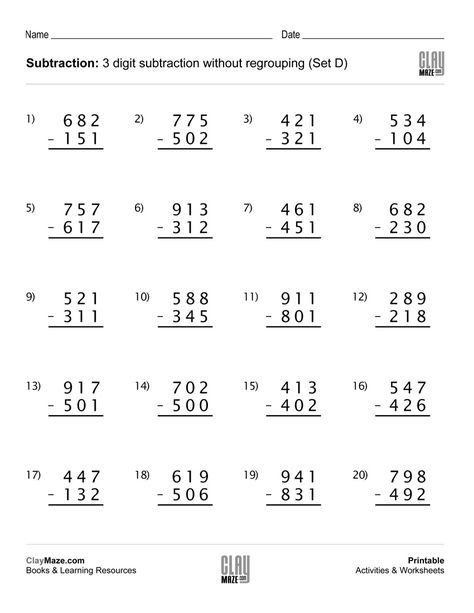 Print this worksheet for subtraction practice with 3 digit numbers, without regrouping. Recommended for first grade and second grade… Subtraction With Borrowing, Subtraction With Regrouping Worksheets, Easy Math Worksheets, Math Fact Worksheets, Subtraction With Regrouping, Math Addition Worksheets, Math Practice Worksheets, First Grade Math Worksheets, Math Subtraction