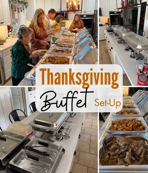 Here is how I like to set up my Thanksgiving buffet tables for seving dinner. Thanksgiving Wedding Dinner, Counter Top Buffet Set Up, Thanksgiving Dinner Set Up Ideas, Thanksgiving Tables For A Large Crowd, Thanksgiving Food Buffet Setup, Buffet Style Thanksgiving Dinner, Buffet Thanksgiving Ideas, Food Arrangement Ideas Buffet Tables, Buffett Style Thanksgiving