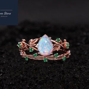 White Opal Engagement Ring, Nature Inspired Wedding Ring, Emerald Engagement Ring Green, Branch Engagement Ring, Opal Engagement Ring Set, Emerald Wedding Band, Promise Ring Set, Opal Engagement Ring, Turquoise Wedding