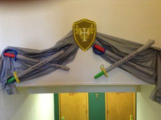 Armor Of God Decorations, Mighty Fortress Vbs, Castle Theme Classroom, Kingdom Vbs, Heraldry Design, Medieval Decor, Medieval Party, School Door Decorations, Castle Decor