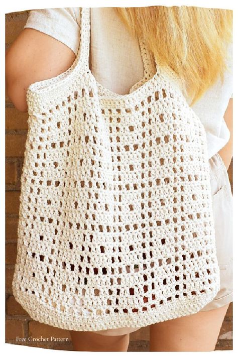 Cotton Crochet Patterns, Tote Crochet, Crochet Tote Pattern, Crochet Beach Bags, Crochet Bottoms, Confection Au Crochet, Free Crochet Bag, Crochet Bag Pattern Free, Crochet Market Bag