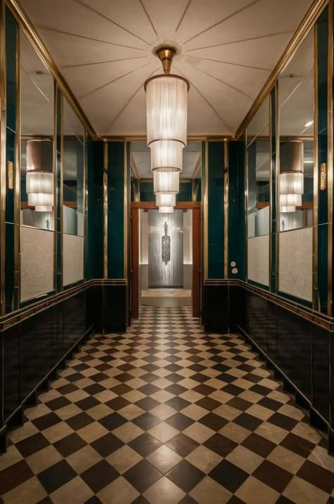 Art Deco Foyer, Miami Art Deco Interior, Art Deco Interior 1920s, Art Deco Entryway, Elevator Lobby Design, 1930s Decor, 1920s Interior, Art Deco Room, Miami Hotel