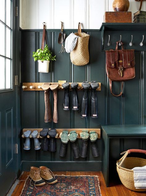 In this mudroom, a combination of deep hunter green and bright white creates a modern two-tone look. #accentwallideas #wallpanelingideas #accentwall #bhg Mudroom Laundry Room, Mudroom Design, Green Walls, Boot Room, Style At Home, Home Fashion, My New Room, Home Staging, 인테리어 디자인