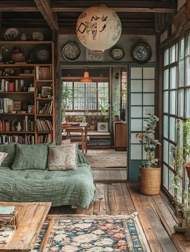 ↑↑↑ Larger size on website 🔸 The image shows a cozy living room with a rustic, traditional Japanese aesthetic. A large green sofa Wood Cozy Living Room, Cozy Japanese Apartment, Retro Japanese Interior, Cozy Japanese Aesthetic, Cozy Japanese Living Room, Traditional Japanese Decor, Japan Home Aesthetic, Japanese Maximalism, Japanese Design Interior