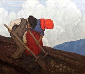 Paul Henry #paulhenry #paulhenrypainting #paulhenryartist #paulhenryart #irishart #landscapepainting #landscape #irishlandscap #connemara #connemaralandscape #turfstacks #mountains #clouds #nature Potato Digger, Paul Henry, Irish Painters, Soli Deo Gloria, Irish History, Irish Art, Post Impressionism, Post Impressionists, Impressionist Paintings