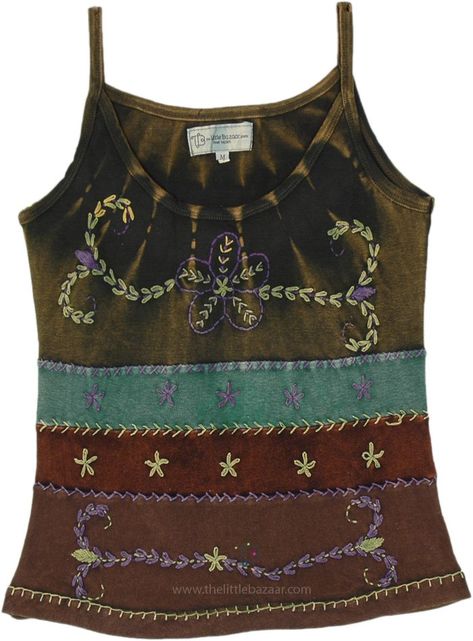 A gorgeous stonewash tank top with patches in different shades of green and brown ensembled together in hand-threaded embroidery highlighting each panel and with floral motifs on top.  The bodice is artistically in a green shade. #tlb #Sleeveless #Patchwork #Stonewash #Embroidered #Floral #bohemianfashion #gypsytanktop #summerhippietanktop #ribbedcottontanktop Hippie Tank Tops, Embroidery Skirt, Embroidered Motifs, Hippie Look, Trendy Skirts, Different Shades Of Green, Summer Fits, Hippie Outfits, Cotton Tank Top