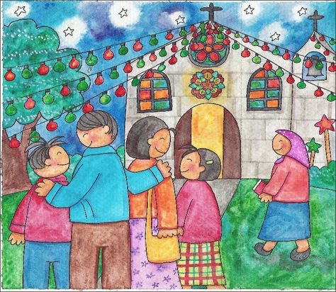 Surviving Christmas in the Philippines 2 - Filipino Culture by The ... Simbang Gabi Art, Simbang Gabi Outfit, Filipino Values Drawing, Filipino Culture Painting, Filipino Values Poster, Simbang Gabi Christmas Philippines, Paskong Pinoy Christmas Decorations, Filipino Culture Drawing, Filipino Culture Poster