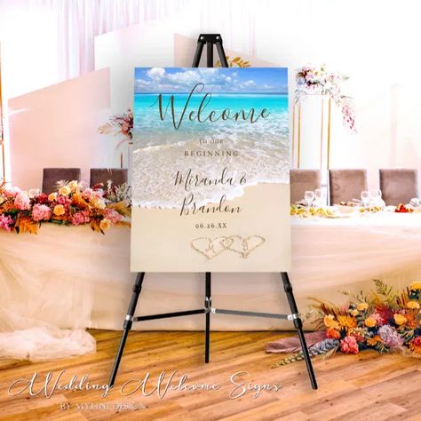 Experience the Magic of Mylini's Tropical Beach Wedding Welcome Sign. Get lost in the beauty of Mylini Design's Custom Blue Ocean Waves Tropical Beach Wedding Collection - the ultimate wedding accessories that bring the essence of the beach to your special day. Personalize your wedding with these enchanting pieces and create lasting memories. Don't miss out! Personalize and buy now! Tropical Beach Wedding, Waves Beach, Wedding 2025, Beach Wedding Invitations, Wedding Welcome Sign, Beautiful Wedding Invitations, Wedding Welcome Signs, Ocean Wave, Free Birthday Invitations