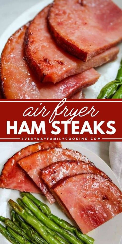 Your dinner ideas for tonight must have this sweet ham recipe! Easy and ready in under 15 minutes, it's a main dish you can enjoy any day of the week. Whether plain or made with honey or brown sugar, these Air Fryer Ham Steaks are delicious! Best Way To Cook A Ham Steak, Ham Slices In Air Fryer, Ham Recipes Air Fryer, Air Fry Ham Steak, Air Fryer Ham Slices, Keto Ham Steak Dinner Ideas, Ham Steaks In Air Fryer, Air Fryer Ham Steak Recipes, Ham Steak Air Fryer