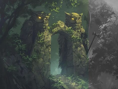 Full Color Image in ai-img-gen.com 🔸 two overgrown stone statue guarding the entrance of a forest path, the statues are shaped like giant... 🔸 From Midjourney AI Image Forest Statue, Overgrown Forest, Ancient Magic, Dense Forest, Stone Statue, Forest Path, Ancient Forest, Fantasy Forest, Stone Statues