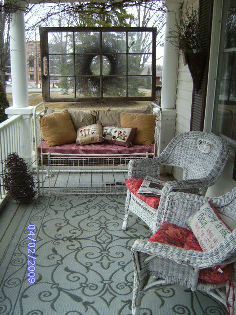 DIY:   Hang an old window on the porch.  Great way to add a bit of privacy if your neighbors are really close. Country Porches, Cozy Porch, Terrasse Design, Balkon Decor, Porch Life, Porch Sitting, Country Porch, Outdoor Decorating, Home Porch