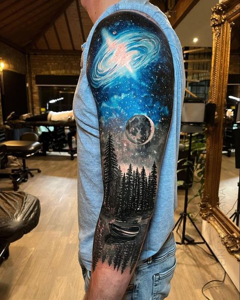 Galaxy Tattoo by Jastein Abellana, an artist working at Noire Ink London. Galaxy Tattoo first appeared on Best Tattoo Ideas For Men & Women. https://tattoo-ideas.com/galaxy-arm/ #tattooideafridays #tattoos #ink #tattooideas Tattoo Ideas Tumblr, Galaxy Tattoo Sleeve, Inside Of Arm Tattoo, Small Wave Tattoo, Sky Tattoos, Galaxy Tattoo, Nature Tattoo, Omerta Tattoo, Tattoo Inspiration Men