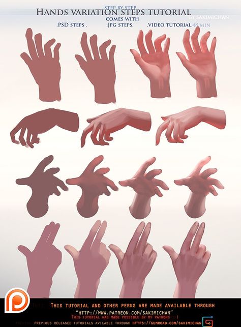 Painted Hands variation steps tutorial pack(term 47) | Sakimi Chan on Patreon Hand Painting Tutorial, Painted Hands, Digital Art Programs, Face Anatomy, Hand Gestures, Digital Painting Techniques, Hand Drawing Reference, Coloring Tutorial, Digital Painting Tutorials