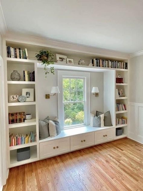 Built In Bookcase With Window Seat, Built In Bookcase Around Window, Window Built Ins With Bench, Bookcase Around Window, Library Window Seat, Built In Bookshelves Around Window, Built Ins Around Window, Bedroom Bookcase, Built In Window Seat