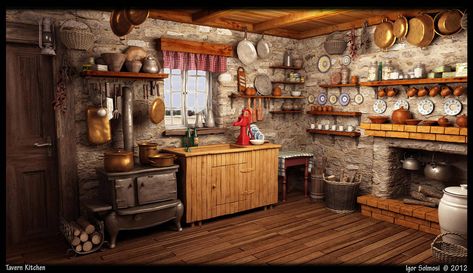 Tavern Kitchen by f4f Tavern Kitchen, Tavern Ideas, Dollhouse Castle, Fantasy Interior, Kitchen Cartoon, Disneyland Parks, Kitchen Background, Hidden Object Game, Kitchen Drawing