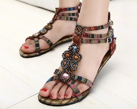 Flat Sandals Bohemian Shoes, Bohemian Sandals, Summer Sandals Flat, Spring Sandals, Jeweled Sandals, Fashion Forecasting, Beaded Flats, Rhinestone Sandals, Shoes Flats Sandals