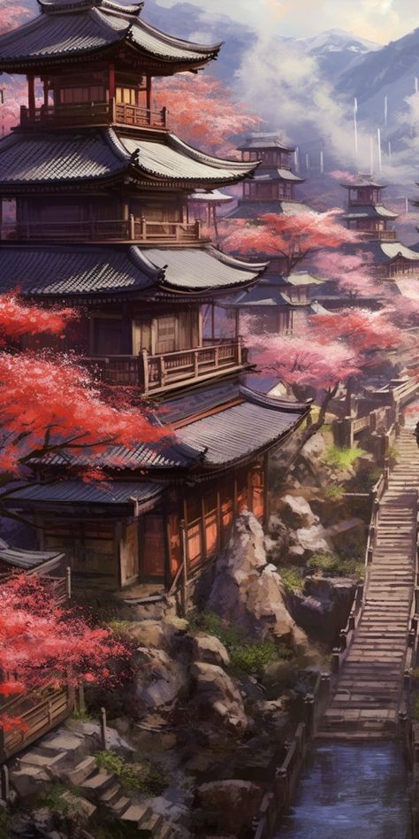 Japanese Ninja Art, Japanese Fantasy Art, Fantasy Art Landscape, Chinese Countryside, Japan Village, Gokayama, Medieval Japanese, Medieval Japan, Japanese Background