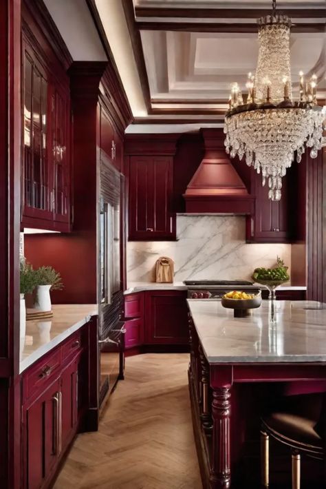 A luxurious traditional kitchen with walls in a soft burgundy shade featuring Gray And Red Kitchen Ideas, Red Wall Kitchen Ideas, Deep Red Kitchen Cabinets, Wine Colored Cabinets, Maroon Cabinets Kitchen, Deep Red Kitchen, Dark Red Kitchen, Burgundy Kitchen Cabinets, Burgundy Kitchen