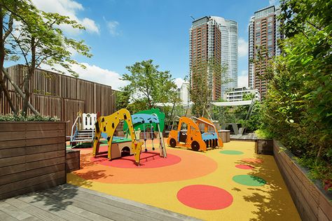 Spacious Rooftop Terrace Roof Playground, Rooftop Playground, Rubber Playground Flooring, Japanese Neighborhood, Outside Playground, Neighborhood Playground, Rubber Playground, Sky Lounge, Playground Flooring