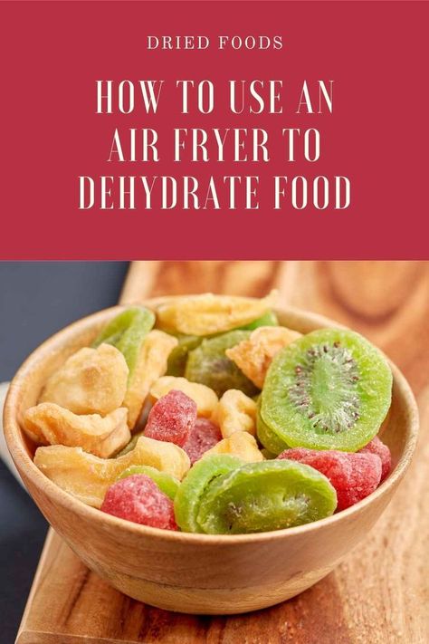 How to dehydrate in air fryer. Use your air fryer oven to make air fryer dehydrated fruit like bananas, apples, strawberries, and more. You can also air fryer dehydrate herbs and marshmallows. Air fryer dehydrated food can last a few months, and it tastes great. You don't need to buy a separate appliance. Just learn how to dehydrate fruit in air fryer for delicious dried fruits and vegetables. Dehydrate In Air Fryer, Dehydrating In Air Fryer, Dehydrate Herbs, Foods To Dehydrate, Dehydrator Recipes Fruit, Dried Fruit Recipe, Dehydrated Apples, Fruit Chip, Dehydrated Vegetables