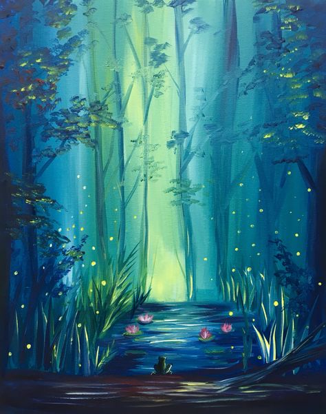 Glowing Forest Glowing Forest, Simple Oil Painting, Easy Landscape Paintings, Wine And Canvas, Paint Nite, Oil Painting Techniques, Forest Painting, Simple Acrylic Paintings, Canvas Painting Diy