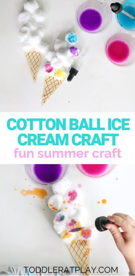 Cotton Ball Ice Cream Craft - Toddler at Play | Kids Crafts & Activities - Crafts Ice Cream Activities, Ice Cream Craft, Cotton Ball Crafts, June Crafts, Ice Cream Crafts, August Crafts, Fun Summer Crafts, Ice Cream Art, Ice Cream Theme