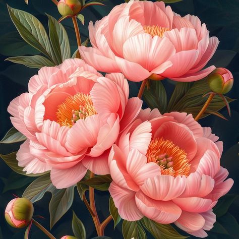 Hyper Realistic Illustration of Pink and Orange Peonies on Dark Background Seamless Pattern  ✨ Digital Seamless Pattern for Artists, Creatives and Hobbyists. ✨ 300 dpi  #seamless pattern #peonies #floral #orange #textile #freepik Orange Flowers Illustration, Orange Peonies, Orange Peony, Peony Illustration, Peony Pattern, Realistic Illustration, Print Ideas, Orange Background, Dark Background