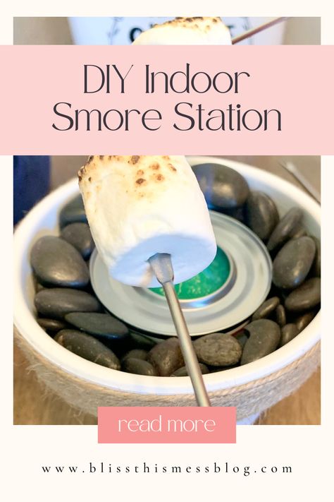 Diy Smore Station, Take Home Smores Kit, Diy Indoor Smores Fire Pits, Indoor Marshmallow Roasting, Smores Centerpiece Ideas, Roasting Marshmallows Indoors, Indoor Smores Fire, Marshmallow Roasting Station, How To Make S’mores Inside