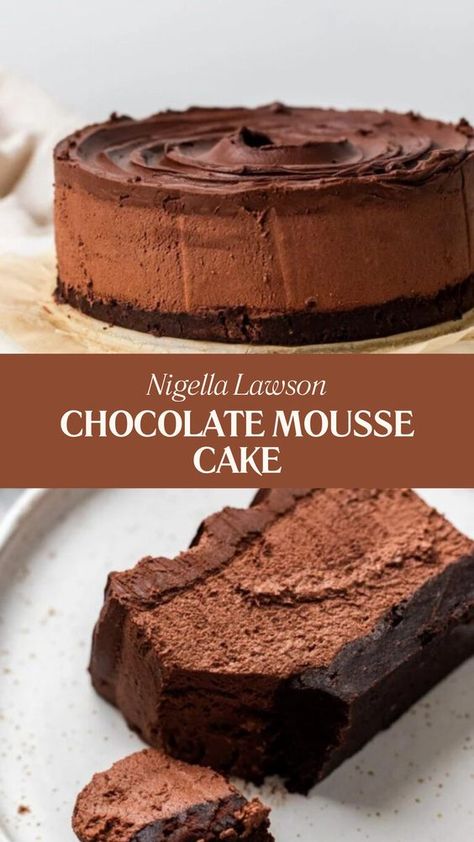 Nigella Chocolate Mousse Cake consists of a soft chocolate cake layered and covered with rich chocolate mousse. It serves 6 and takes about 2 hours to prepare and set, combining baking and chilling time a decadent treat for chocolate lovers! Chocolate Torte With Raspberry Sauce, Muse Chocolate Cake, Baked Chocolate Mousse, Chocolate Sin Dessert, Impressive Chocolate Desserts, Chocolate Chocolate Cake Recipe, Olive Garden Chocolate Mousse Cake, Best Chocolate Mousse Cake Recipe, Hot Milk Chocolate Cake