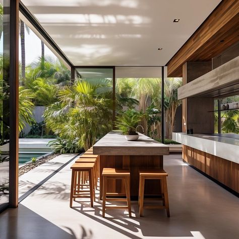 Modern Tropical Kitchen, Modern Tropical House, Tropical Architecture, Hotel Room Design, Tropical House, Village House Design, Tropical Houses, House Goals, Family House