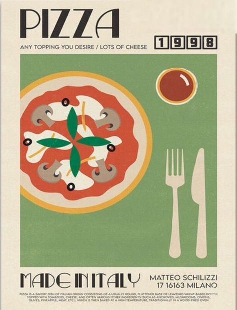 #brandingagency #design Cooking Poster Design Ideas, Vintage Food Posters Retro, Kitchen Poster Design, Vintage Pizza Poster, New Branch Opening Poster, Food Graphic Design Poster Ideas, Moodboard Design Graphic, Pizza Illustration Design, Coffee Shop Logo Ideas