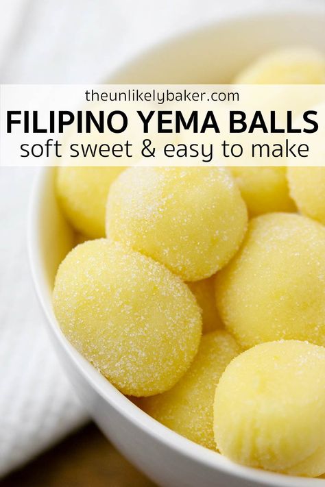 Yema balls or yema candy are delicious Filipino treats made of condensed milk and egg yolks. They’re wonderfully soft and chewy, delightfully sweet, and so easy to make. Check out the recipe with lots of tips, FAQs and step-by-step photos for perfect yema balls every time. Yema Candy, Philapino Recipes, Yema Recipe, Easy Filipino Recipes, Filipino Dessert Recipes, Filipino Food Dessert, Milk Dessert, Citrus Recipes, Condensed Milk Recipes