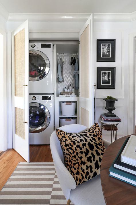 Laundry Room Makeover Diy, Diy Peel And Stick Tile, Folding Glass Door, Organized Laundry Room, Organized Laundry, Stacked Laundry Room, Laundry Nook, Laundry Room Ideas Small Space, Tiny Laundry Rooms