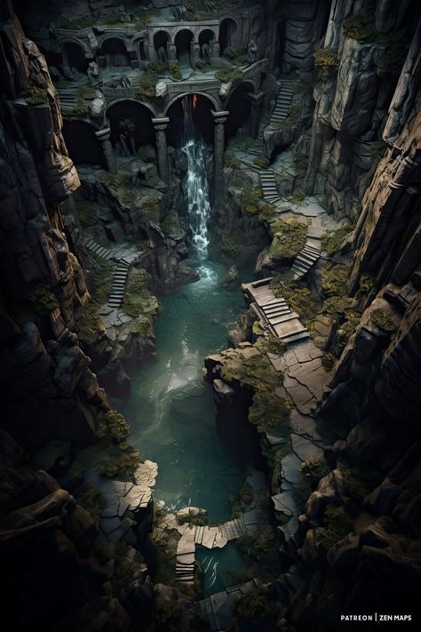 Abandoned Fantasy City, Abandoned City Fantasy Art, Cave Environment Concept Art, Dnd Landscape Concept Art, Catacombs Concept Art, Dungeons And Dragons Landscape Art, Fantasy Dungeon Aesthetic, Fantasy Locations Art, Dnd Location Art