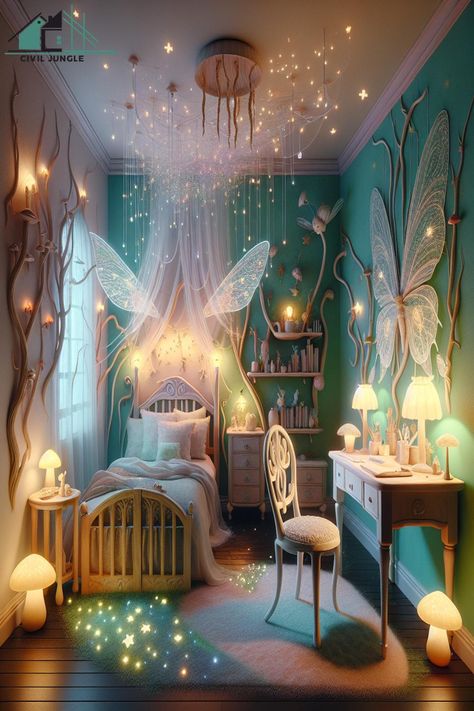 This image features a charming fairy bedroom filled with whimsical decorations. The room is adorned with delicate fairy lights, colorful gauzy curtains, and a beautiful canopy bed draped in soft fabrics. The walls are covered in hand-painted fairy murals, adding to the magical atmosphere. The room contains various fairy-themed decor, including plush toys, books, and a sparkling chandelier. A cozy reading nook is nestled in the corner, inviting one to curl up with a good book. The overall Fairy Wall Painting, Fairy Lights Bed, Tree In Bedroom, Gauzy Curtains, Aesthetic Fairy Lights, Fairy Bedroom Ideas, Fairy Themed Bedroom, Fairy Lights Diy, Cozy Bedroom Aesthetic