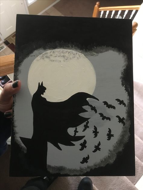 Batman painting Nature, Batman Paintings On Canvas, Spiderman And Batman Painting, Batman Easy Painting, Batman Painting Easy, Batman Canvas Painting, Batman Drawing Easy, Name Art Projects, Batman Painting