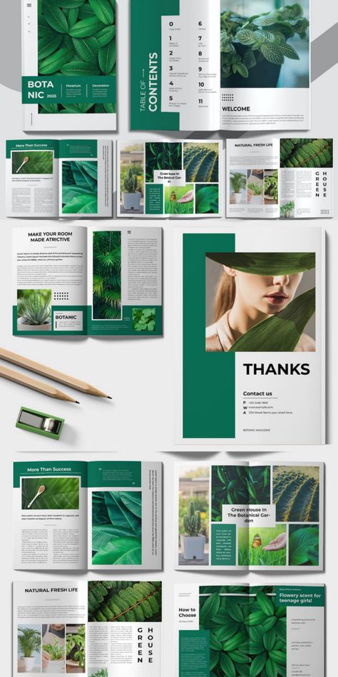 Unveil the splendor of nature with our Botanic Magazine Design Template. This elegant layout effortlessly combines vibrant botanical visuals with a clean, modern design, providing a captivating reading experience. With seamless navigation and rich imagery, this template seamlessly merges aesthetics and functionality. Elevate your botanical content with this stylish and engaging design, offering readers a refreshing exploration of the natural world. Best Canva Templates, Magazine Design Layout, Booklet Design Layout, Design De Configuration, Ebook Template Design, 잡지 레이아웃, Contents Layout, Brochure Design Layout, Desain Buklet