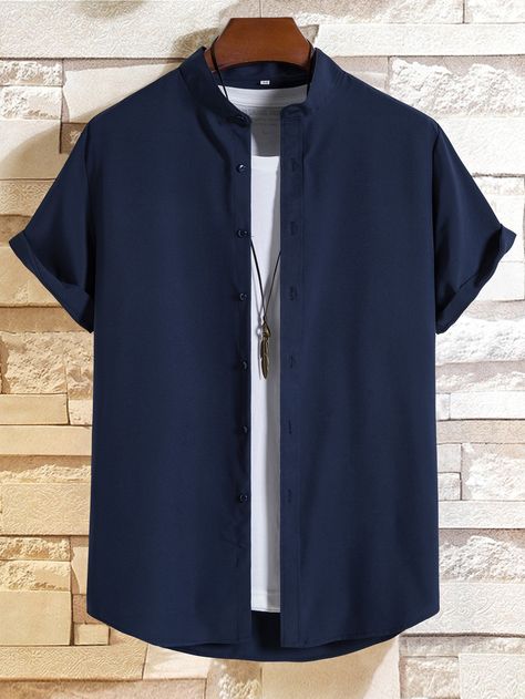 Navy Blue Casual Collar Short Sleeve Fabric Plain Shirt Embellished Non-Stretch Summer Men Tops Men Shirt Style Casual, Plain Black T Shirt, Stylish Men Wear, Hype Clothing, Trendy Shirt Designs, Men Fashion Casual Shirts, T Shirt Crop Top, Half Shirts, Navy Blue Shirts