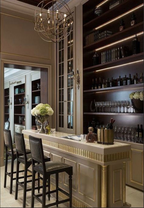 Lighting on shelves Restaurant Kitchen Design Ideas, Modern Home Bar Designs, Restaurant Kitchen Design, Modern Home Bar, Bar In Casa, Home Bar Design, Bar Interior Design, Luxury Bar, Home Bar Designs