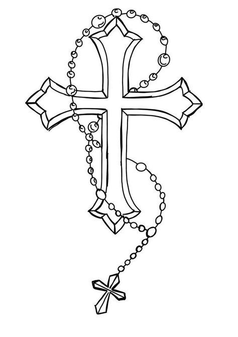 Rosemary Tattoo Cross, Cross With Rosary Tattoo Design, Side Neck Tattoo For Guys Ideas, Rosary Outline, Cross Tattoo Stencil, Crucifix Drawing, Rosary Drawing, Crucifix Tattoo, Cross Drawing