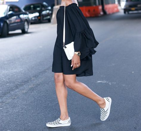 Street walking in a pair of checkerboard slip-ons. Vans Slip On Outfit Checkerboard, Vans Slip On Outfit Women, Vans Slip Ons Outfit, Vans Slip On Outfit, Slip On Outfit, Slip Ons Outfit, Slip Dress Outfit, Dresses With Vans, Skirt Outfits Summer