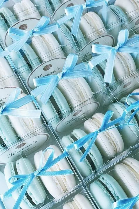 Blue Party Favor Ideas, Something Blue Favors, Blue And White Macarons, Light Blue Wedding Favors, Blue And White Party Aesthetic, Dusty Blue Wedding Favors, White And Blue Wedding Invitations, Blue And White Desserts, Light Blue Baby Shower Ideas