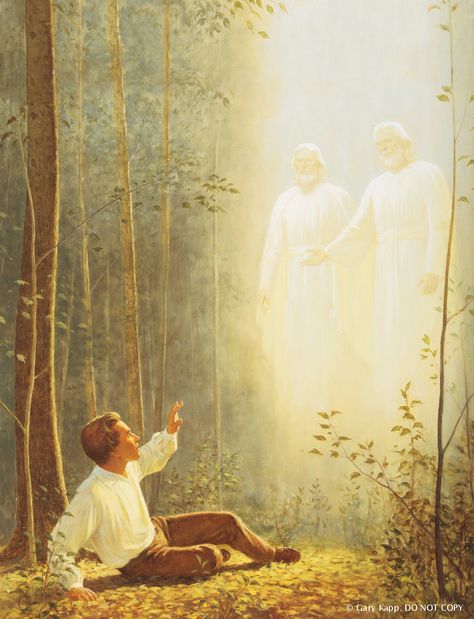 The First Vision, by Gary Kapp; GAB 90; nursery manual lesson 9, page 42; Joseph Smith—History 1:14–20; © Gary Kapp: DO NOT COPY This asset is not available for download. It is for Church use and online viewing only. See the Media Library usage page for more information. Mormon Beliefs, Lds Pictures, Lds Church History, Gospel Art, Elder Holland, Sacred Groves, Quotes Arabic, Lds Art, Joseph Smith